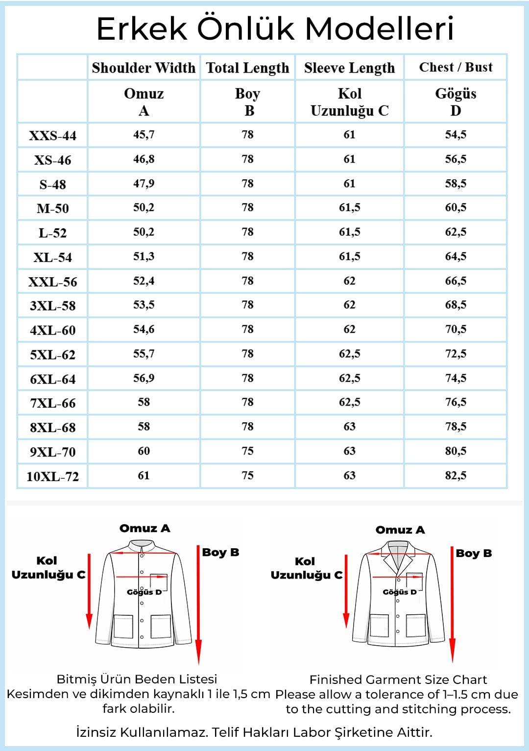 Erkek Önlük Beden Tablosu