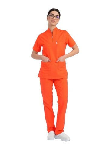 İdx-1 Serisi: Kadın Likralı Hakim Yaka Havuç Kesim Cerrahi Takım - Neon Turuncu