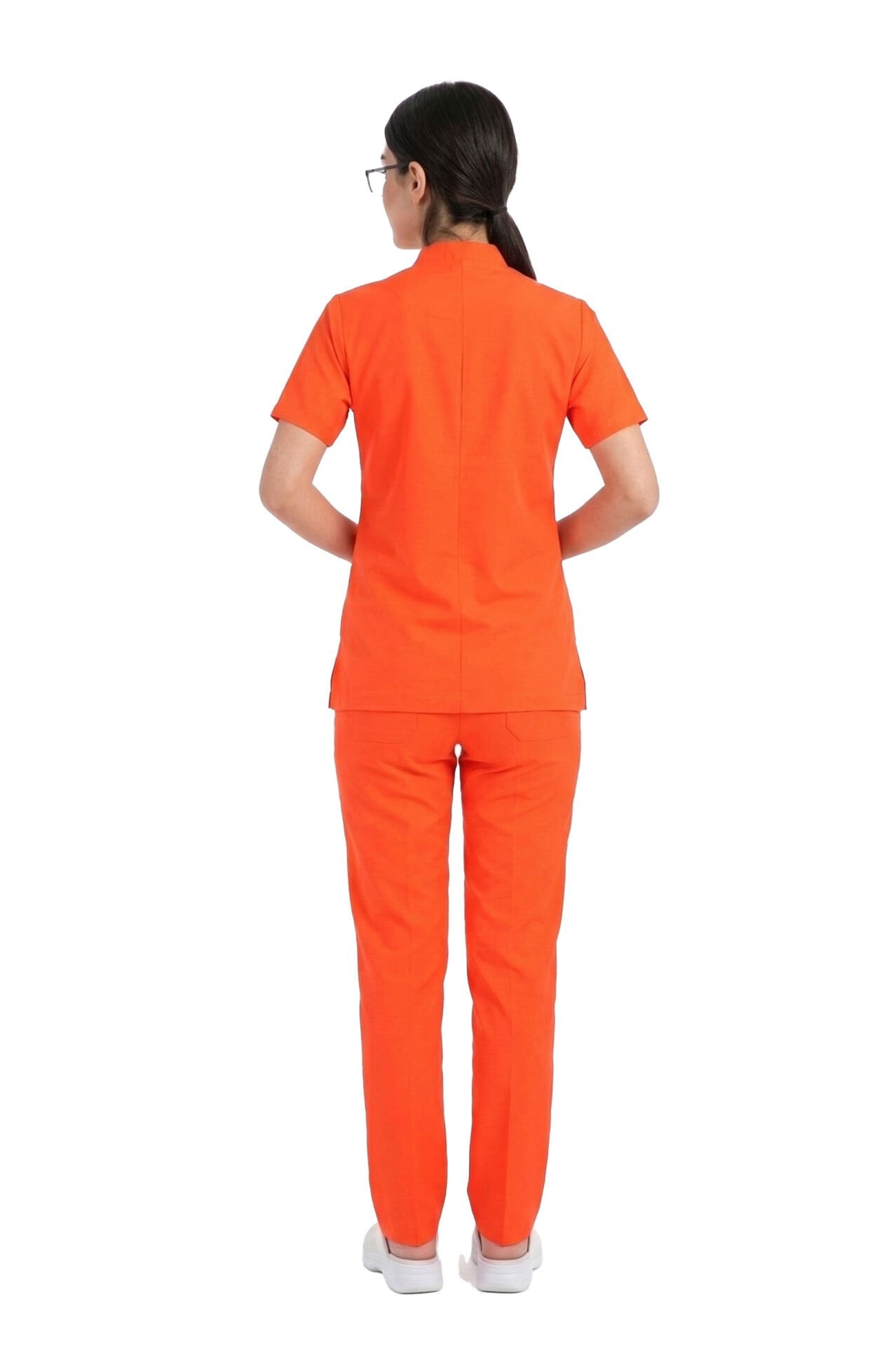 İdx-1 Serisi: Kadın Likralı Hakim Yaka Havuç Kesim Cerrahi Takım - Neon Turuncu
