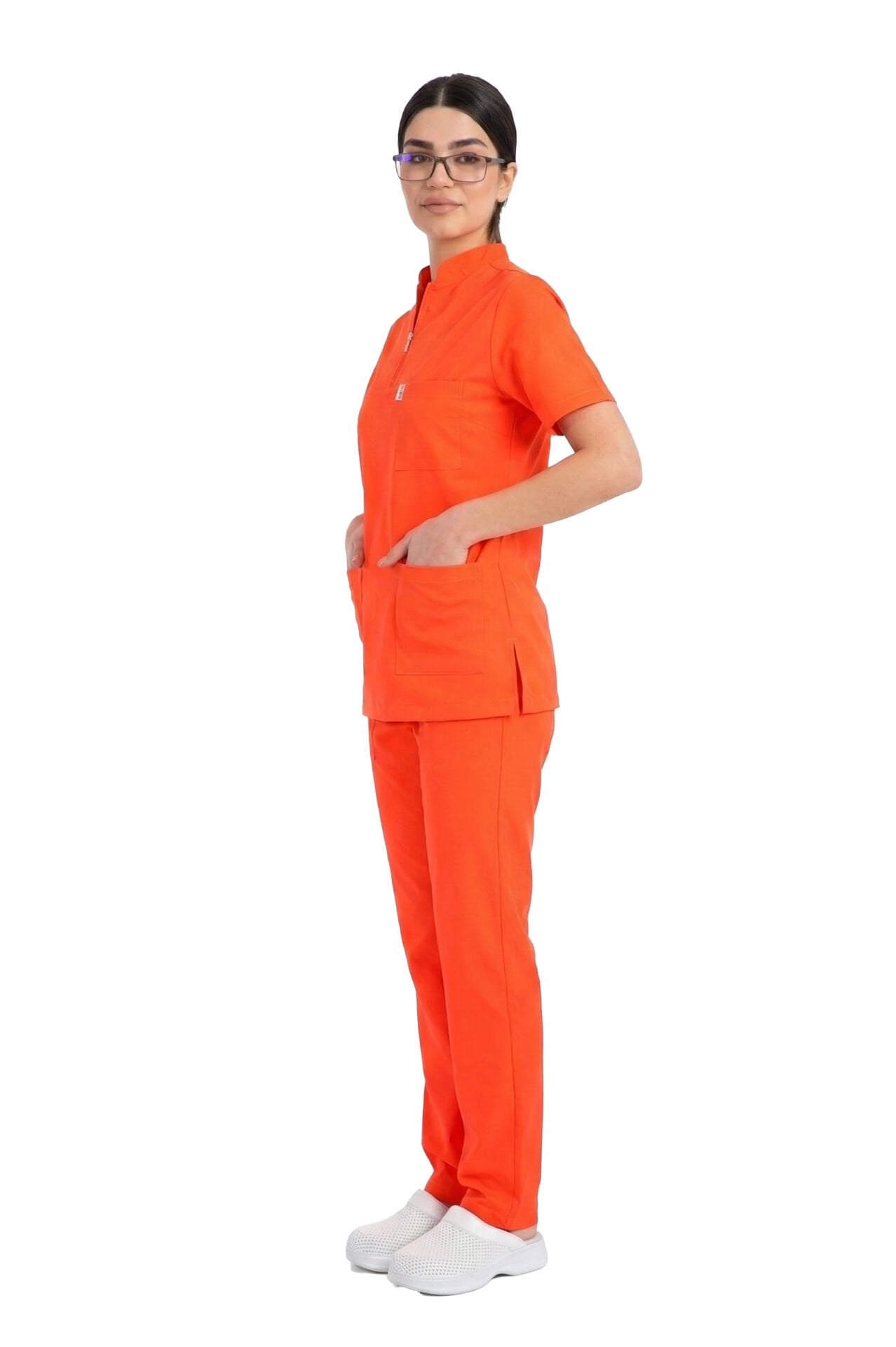 İdx-1 Serisi: Kadın Likralı Hakim Yaka Havuç Kesim Cerrahi Takım - Neon Turuncu