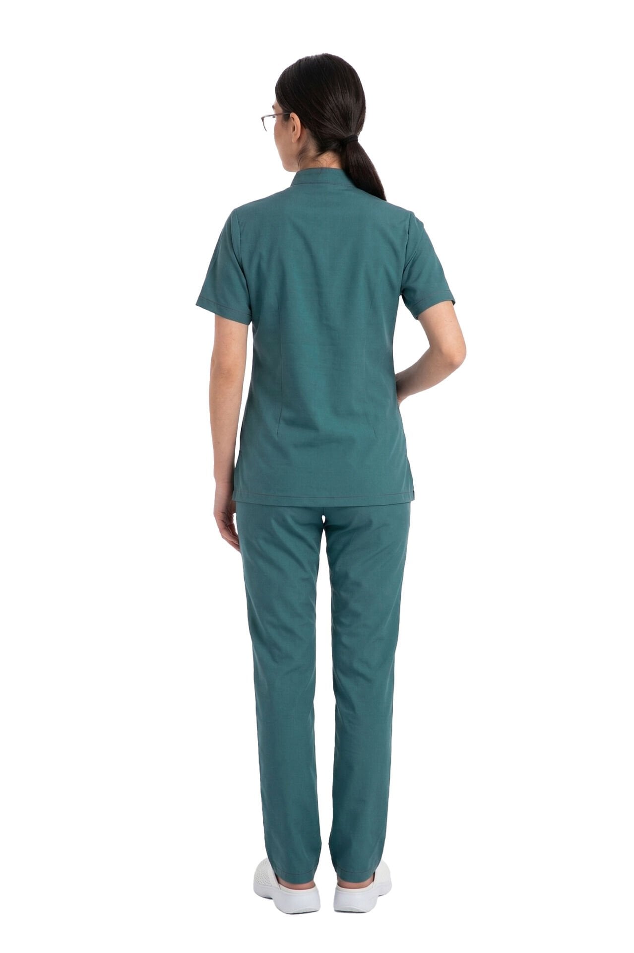 Kadın Likralı Scrubs Cerrahi Takım - Hakim Yaka Havuç Kesim İDX-1 - Petrol Yeşili