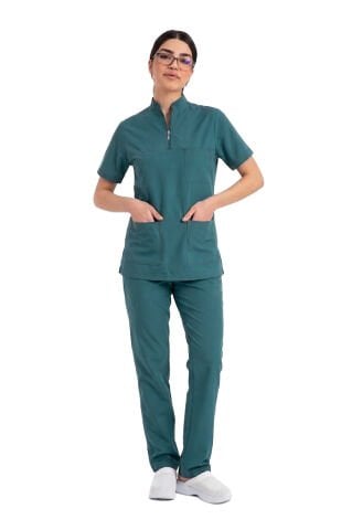 İdx-1 Serisi: Kadın Likralı Hakim Yaka Havuç Kesim Cerrahi Takım -Petrol Yeşili