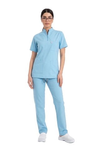 Kadın Likralı Scrubs Cerrahi Takım - Hakim Yaka Havuç Kesim İDX-1 - Alaskan Blue