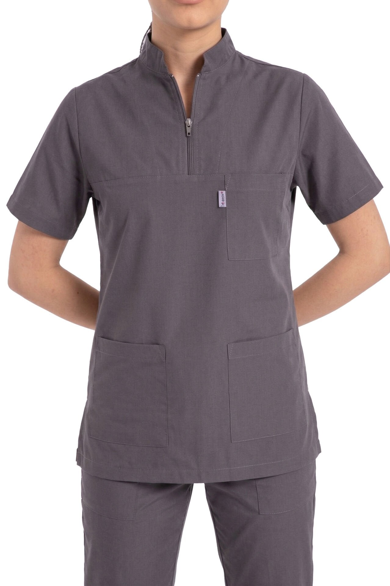 Kadın Likralı Scrubs Cerrahi Takım - Hakim Yaka Havuç Kesim İDX-1 - Füme