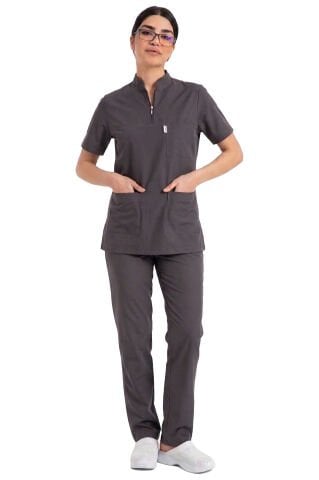 Kadın Likralı Scrubs Cerrahi Takım - Hakim Yaka Havuç Kesim İDX-1 - Füme