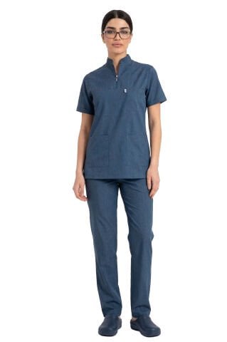 Kadın Likralı Scrubs Cerrahi Takım - Hakim Yaka Havuç Kesim İDX-1 - Kot Mavisi