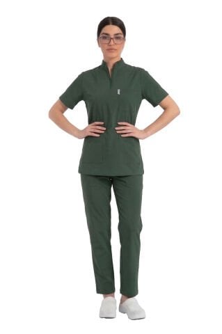 İdx-1 Serisi: Kadın Likralı Hakim Yaka Havuç Kesim Cerrahi Takım - Haki Yeşil