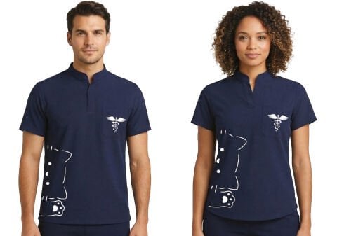 Veteriner Scrubs Tek Üst - Likralı Hakim Yaka Kedi Baskılı Lacivert - Model 7