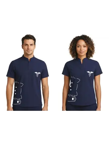 Veteriner Scrubs Tek Üst - Likralı Hakim Yaka Kedi Baskılı Lacivert - Model 7