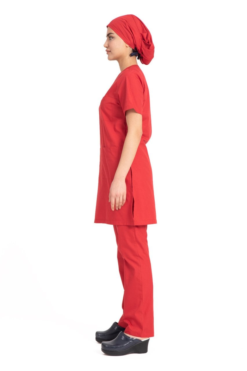 Tesettür hemşire forması terikoton kumaş tst-04 56/7XL Özel Sipariş - Kırmızı