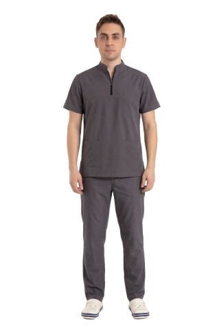 Erkek Likralı Scrubs Cerrahi Takım - Hakim Yaka İDX-1 -Füme