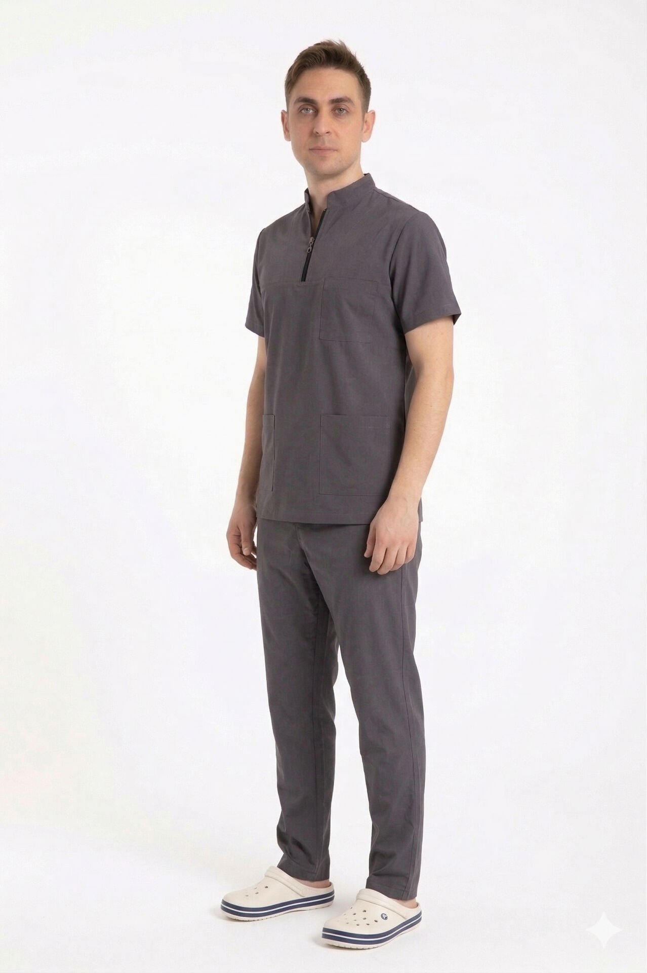 Erkek Likralı Scrubs Cerrahi Takım - Hakim Yaka İDX-1 -Füme