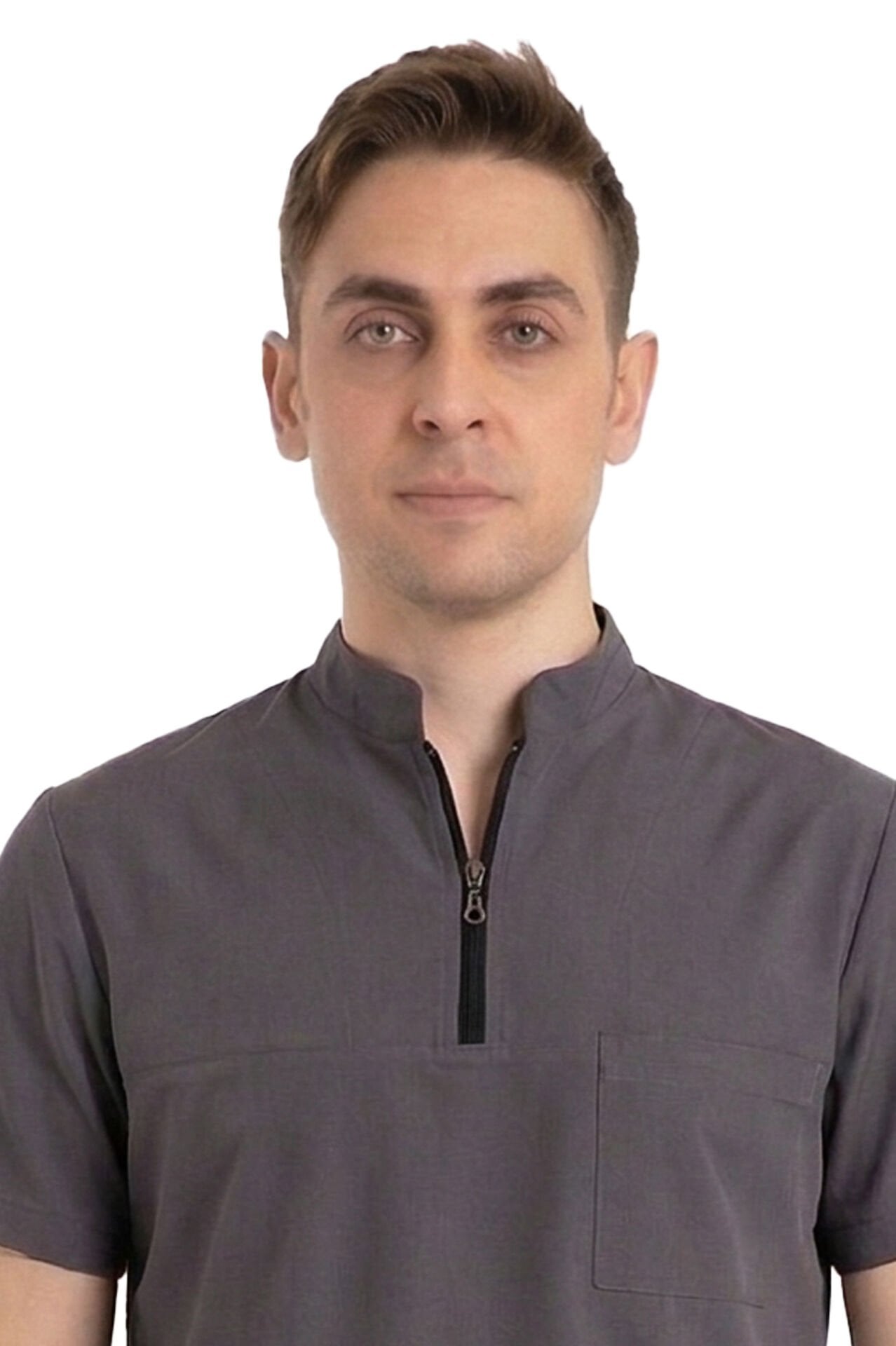 Erkek Likralı Scrubs Cerrahi Takım - Hakim Yaka İDX-1 -Füme