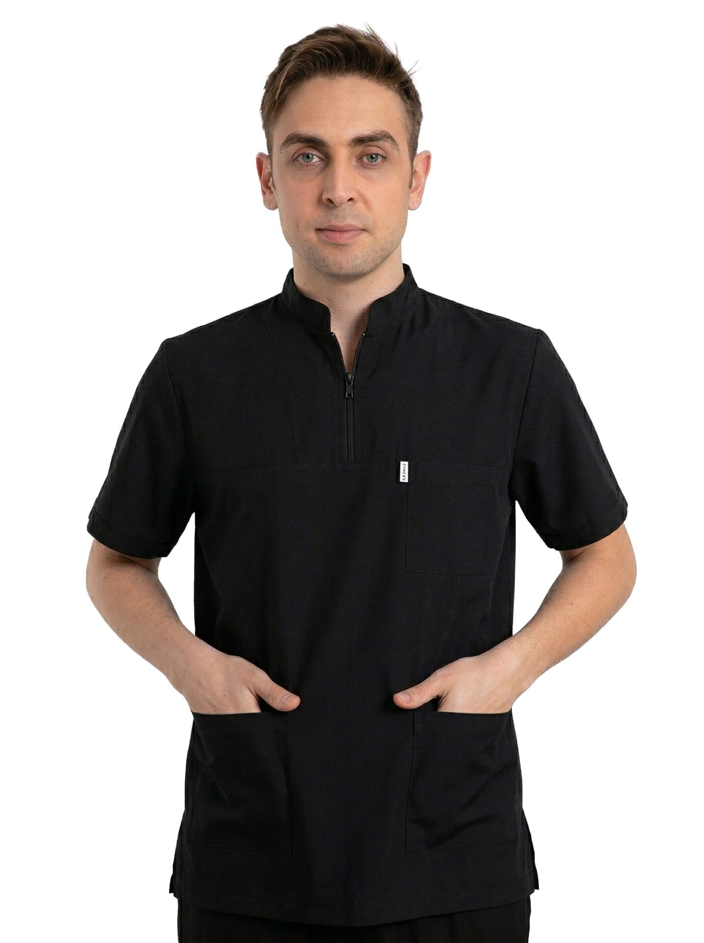 Erkek Likralı Scrubs Cerrahi Takım - Hakim Yaka İDX-1 - Siyah