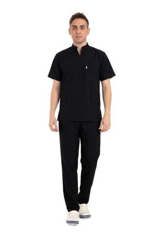 Erkek Likralı Scrubs Cerrahi Takım - Hakim Yaka İDX-1 - Siyah