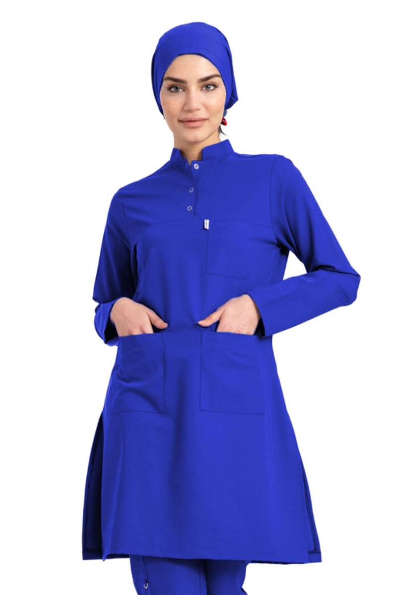 Likralı pamuklu tesettür üst forma hakim yaka tst-03 46/XXL - Saks Mavi