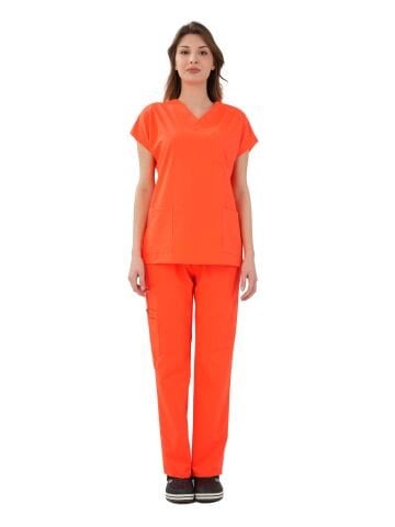 Dr. Elastik Likralı Kadın Cerrahi Scrubs Takımı - Neon Turuncu