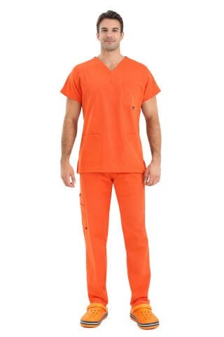 Elastik Likralı Pamuklu Erkek Cerrahi Scrubs Takımı - Neon Turuncu