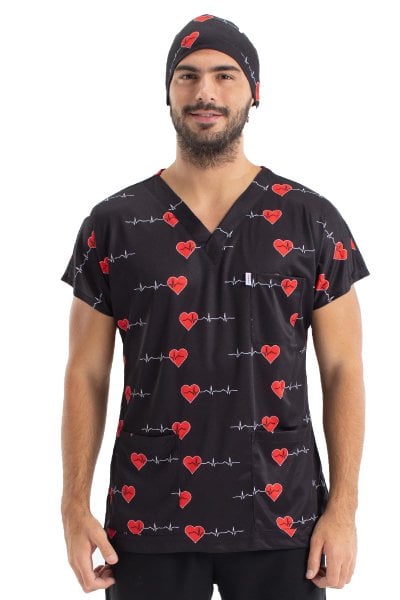 Siyah Kalp Ritim Desenli Erkek Tek Üst Cerrahi Forma Yarasa Kol