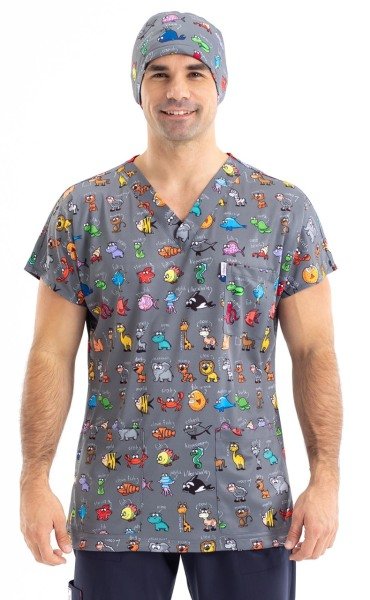 Hayvanlar Alemi Desenli Erkek Cerrahi Forma Üst