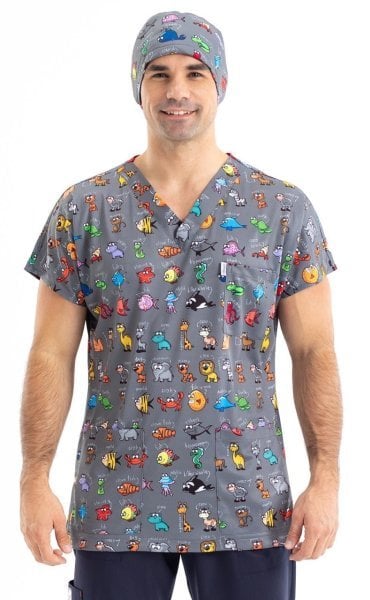 Hayvanlar Alemi Desenli Erkek Cerrahi Forma Üst