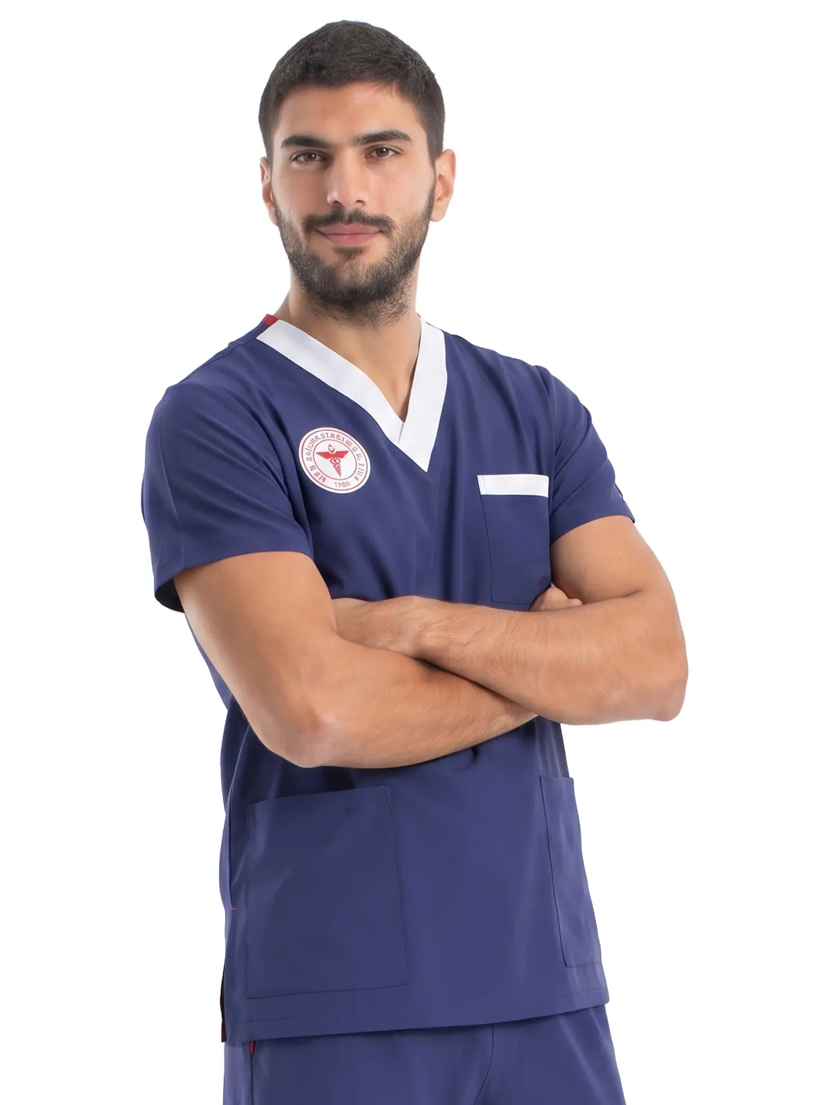 Sorumlu Hemşire Forması | Erkek Likralı Scrubs Takım - Sağlık Bakanlığı Uyumlu (Patriot Blue)