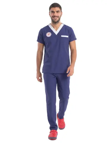 Sorumlu Hemşire Forması | Erkek Likralı Scrubs Takım - Sağlık Bakanlığı Uyumlu (Patriot Blue)