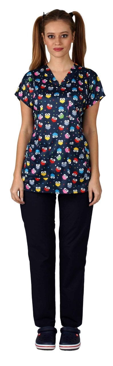 Cerrahi Forma Üst Renkli Baykuş İnce Kumaş-Kadın