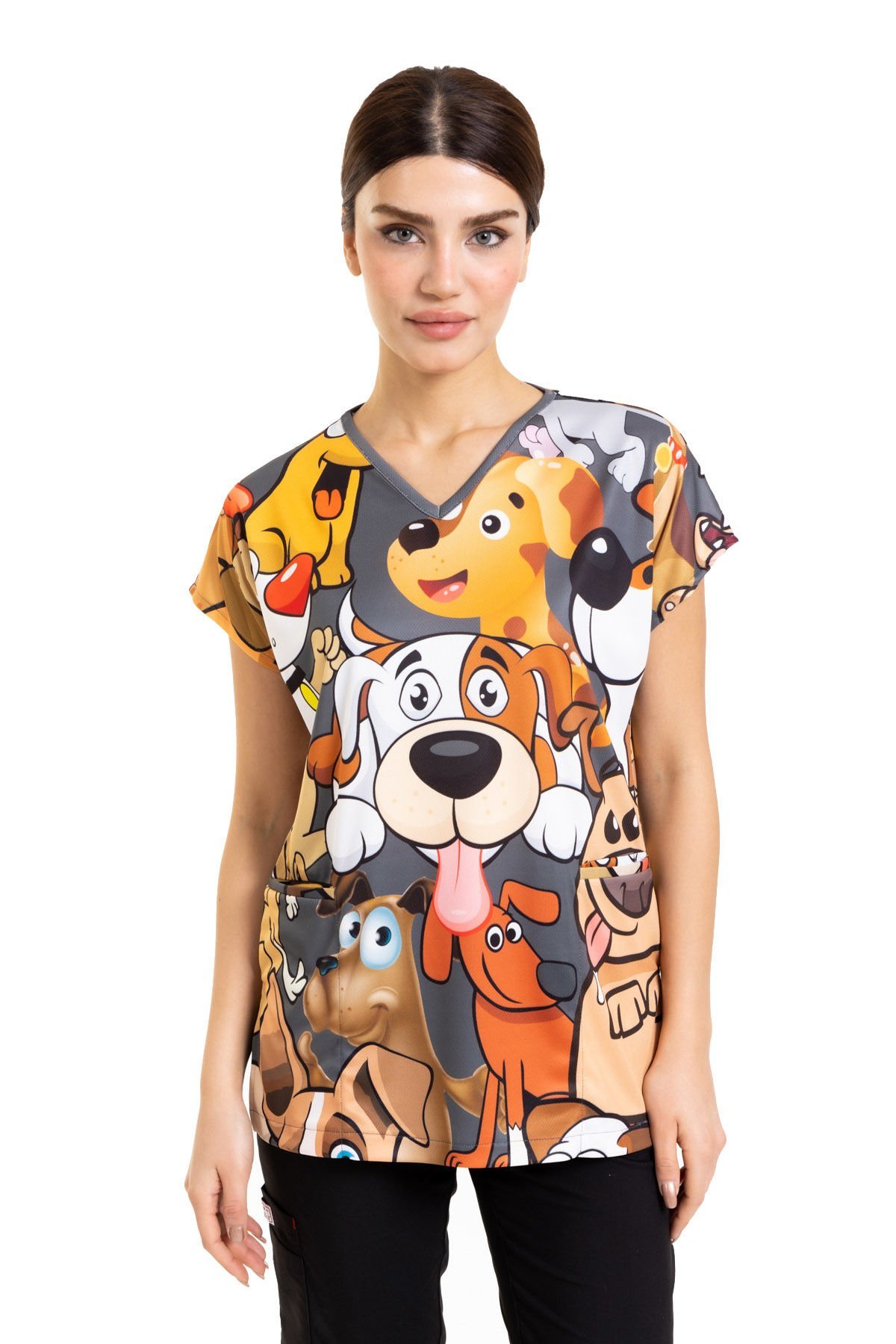 Cerrahi forma üst kadın model gri şımarık köpekler