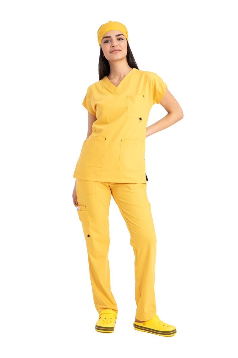 Dr. Elastik Likralı Kadın Cerrahi Scrubs Takımı Sarı