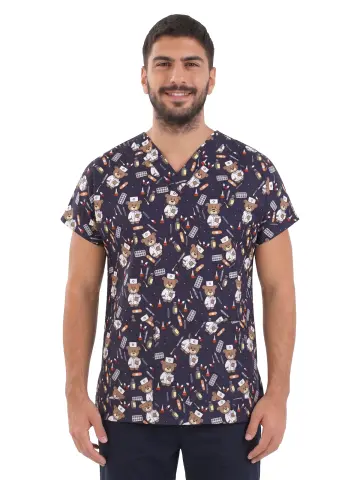 Desenli Erkek Cerrahi Scrubs Üst — %95 Pamuk %5 Likra | Ayıcık Desenli