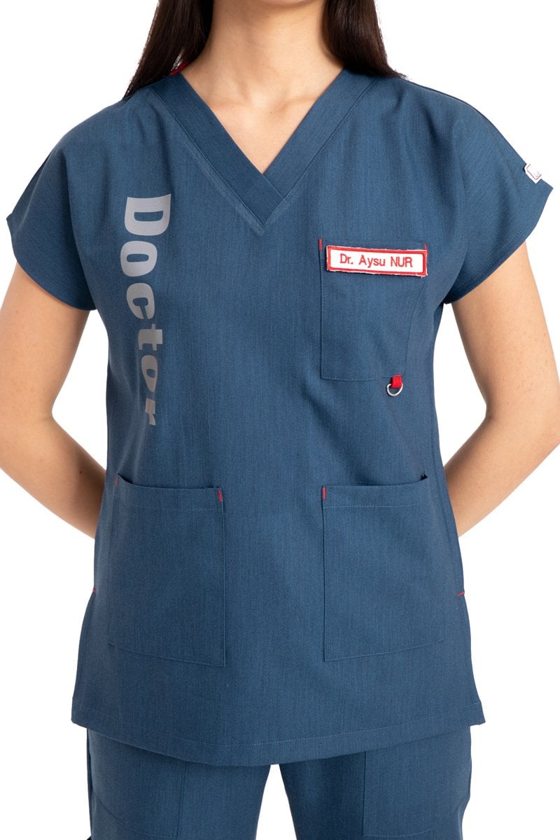 Özel Tasarım Kadın Doktor Forması | Kot Rengi | Doktor Baskılı