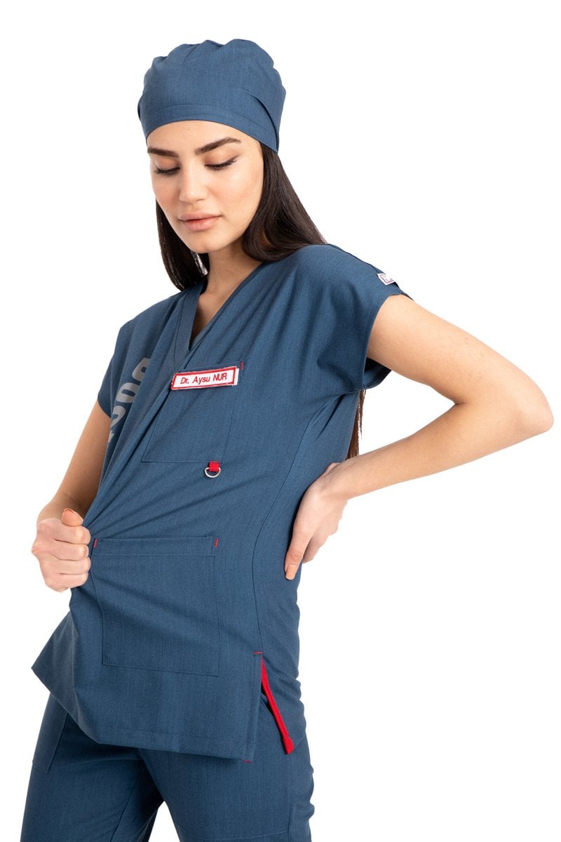 Özel Tasarım Kadın Doktor Forması | Kot Rengi | Doktor Baskılı