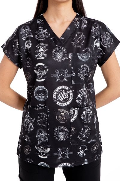 Cerrahi Desenli Kadın Tek Üst Motosiklet Logolu