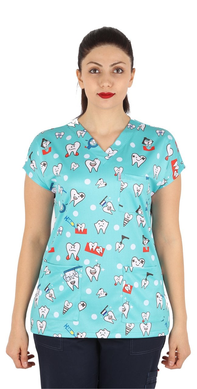 Diş Desenli Bayan Cerrahi Forma Üst Yeşil Renk