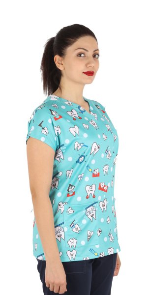 Diş Desenli Bayan Cerrahi Forma Üst Yeşil Renk