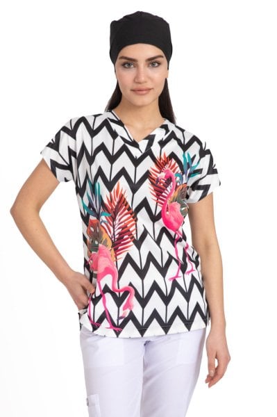 Siyah Çizgili Flamingo Desenli Tek Üst Forma Kadın 51