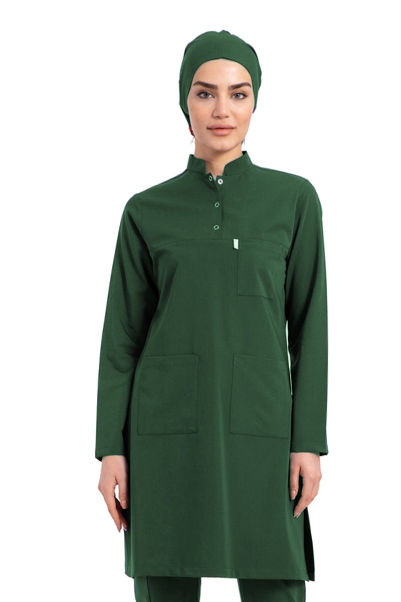 Labor Tesettür Scrubs Forma TST-03 | Elastik Likralı Pamuklu | Doktor & Hemşire 44-XL - Haki Yeşil