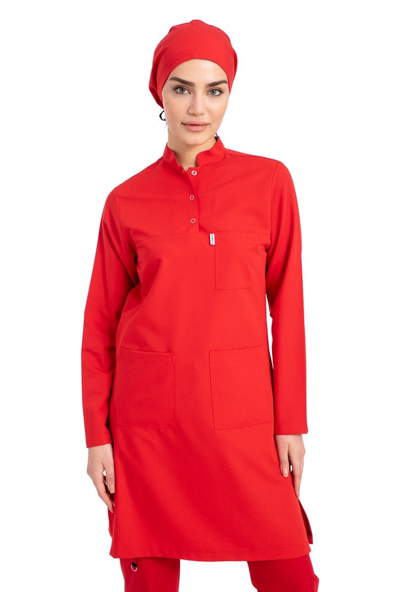 Labor Tesettür Scrubs Forma TST-03 | Elastik Likralı Pamuklu | Doktor & Hemşire 44-XL - Kırmızı