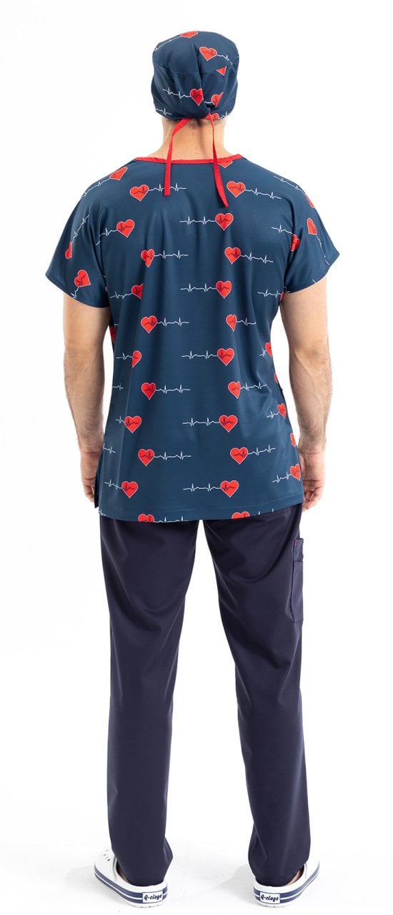 Lacivert Kalp Ritim Desenli Erkek Tek Üst Cerrahi Forma Yarasa Kol