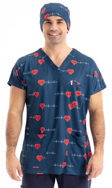 Lacivert Kalp Ritim Desenli Erkek Tek Üst Cerrahi Forma Yarasa Kol