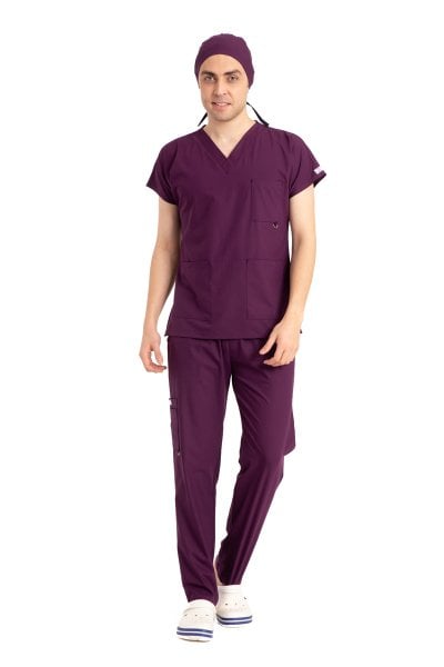 Dr Elastik Scrubs Likralı Pamuklu Erkek Mürdüm