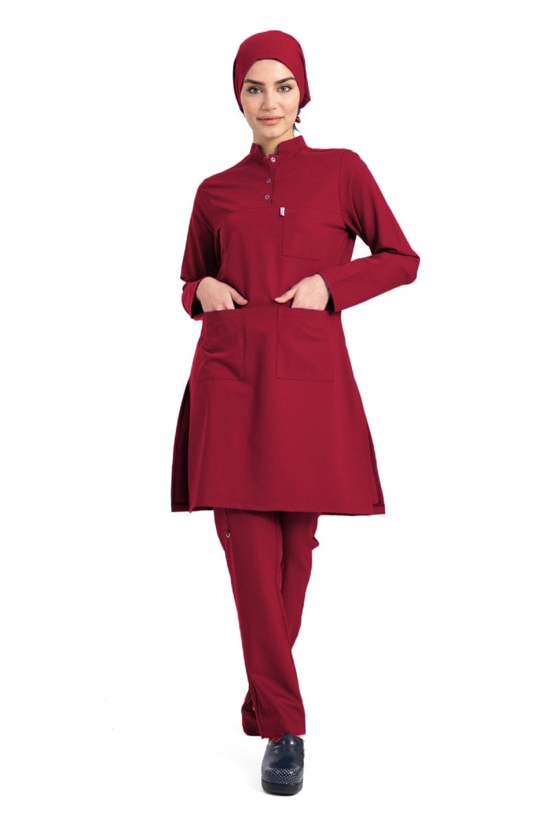 Labor Tesettür Scrubs Forma TST-03 | Elastik Likralı Pamuklu | Doktor & Hemşire 48/3XL Özel Sipariş - Bordo