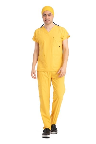 Dr Elastik Scrubs Likralı Pamuklu Erkek Sarı Takım