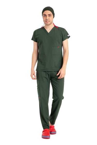 Dr Elastik Scrubs Likralı Pamuklu Erkek Haki Yeşil