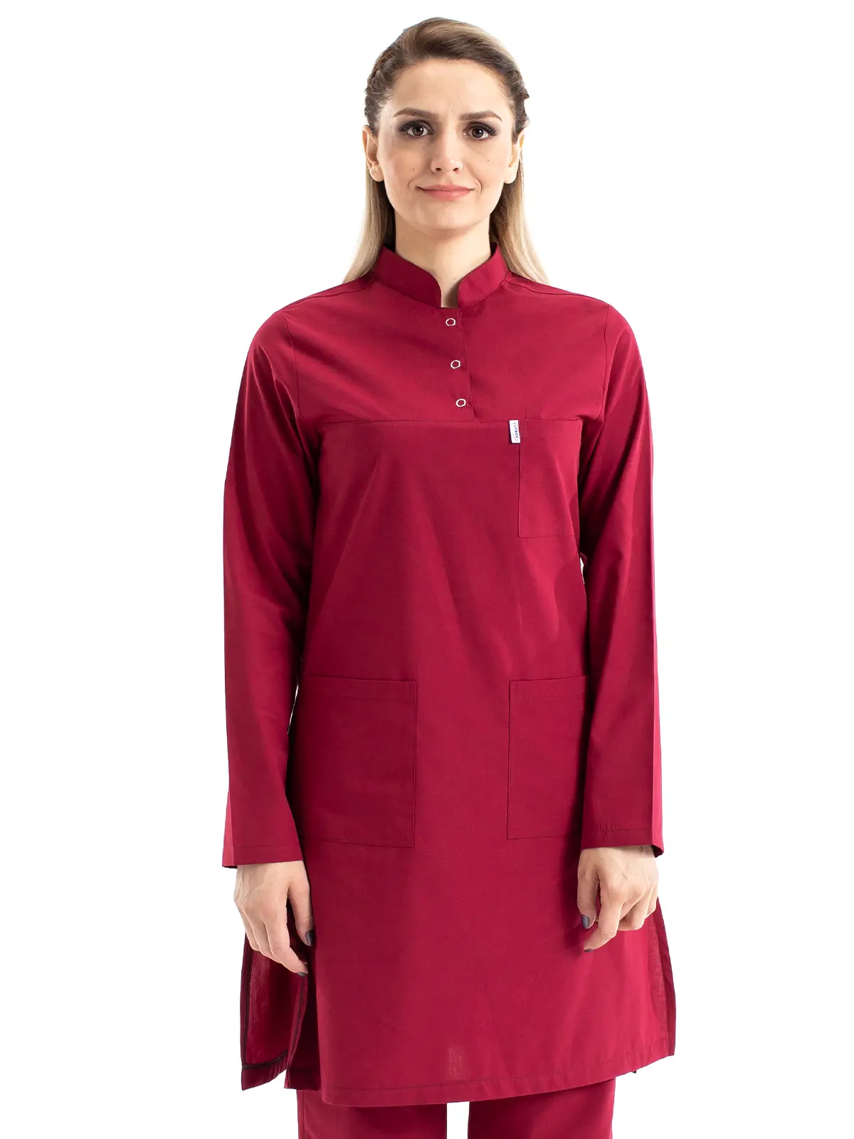 Tesettür Hemşire Forması Hakim Yaka Terikoton Takım Tst03 56-7XL Özel Sipariş - Bordo