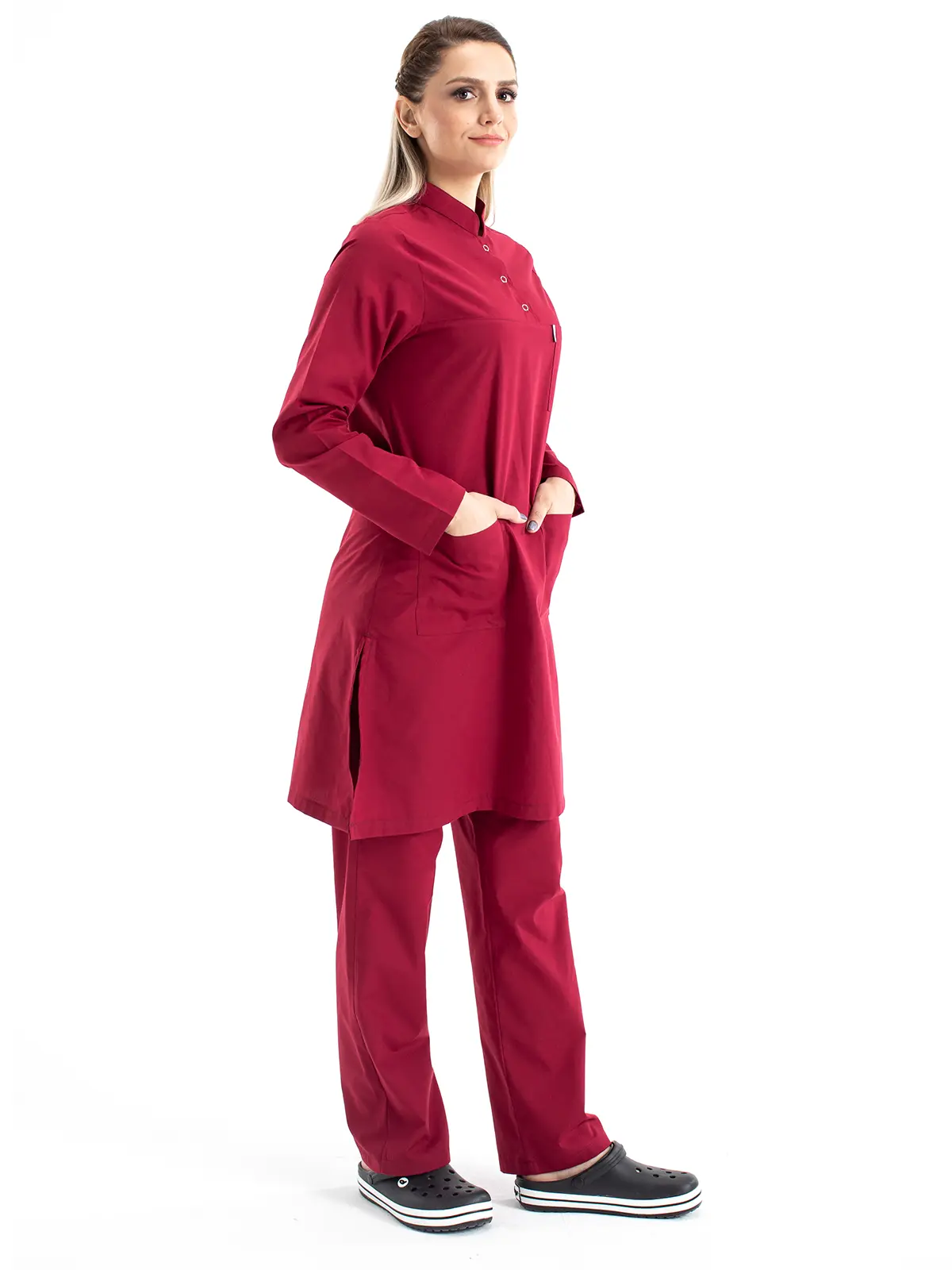 Tesettür Hemşire Forması Hakim Yaka Terikoton Takım Tst03 58-8XL Özel Sipariş - Bordo