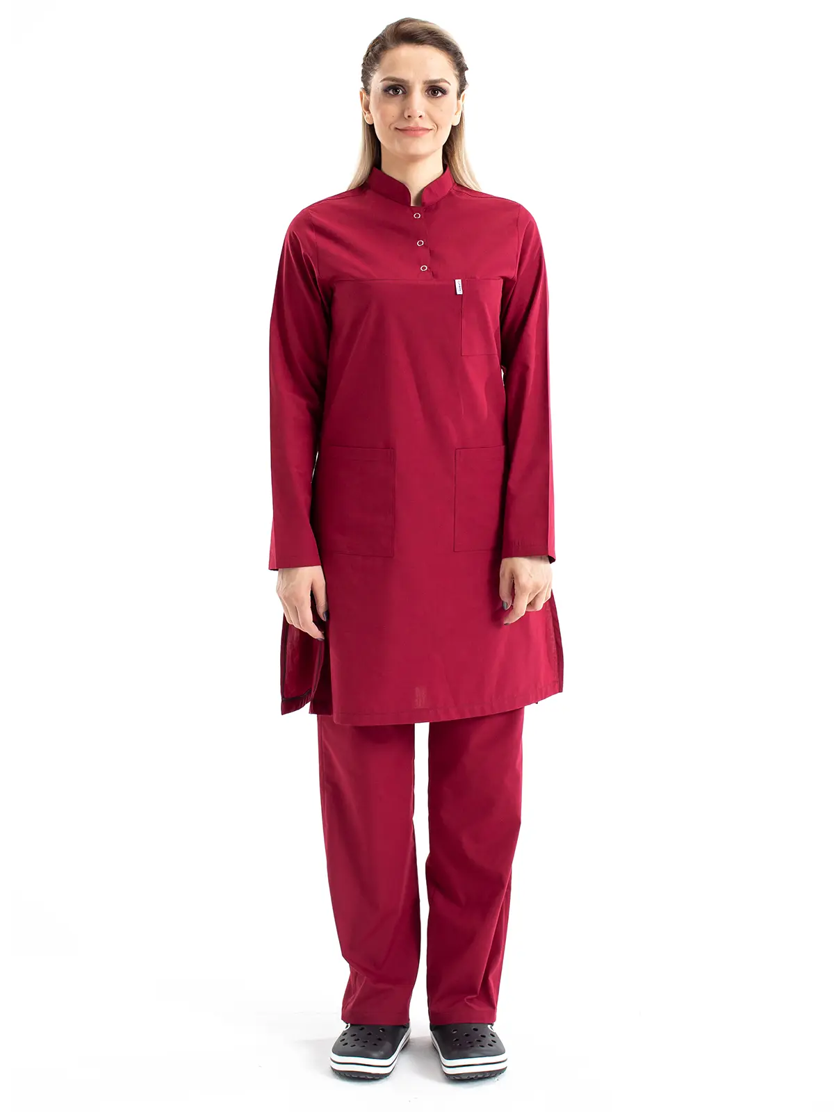 Tesettür Hemşire Forması Hakim Yaka Terikoton Takım Tst03 58-8XL Özel Sipariş - Bordo