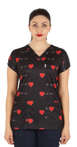 Siyah Kalp Ritim Desenli Bayan Üst Forma