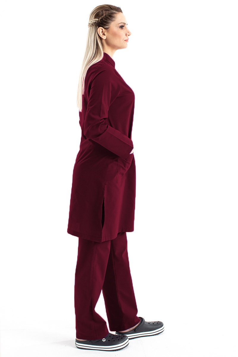 Tesettür Hemşire Forması Hakim Yaka Terikoton Takım Tst03 60-9XL Özel Sipariş - Bordo